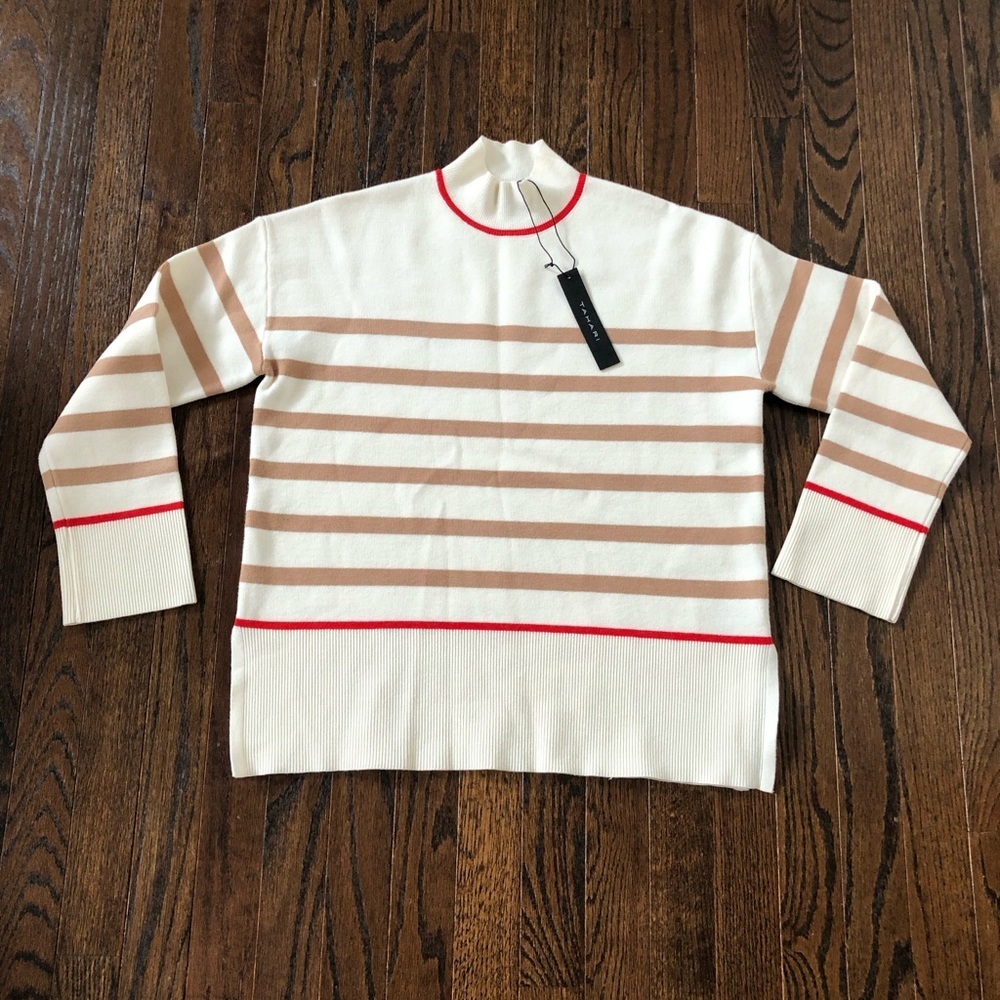 *NWT* Tahari Women’s S Ivory 3/4 Sleeved Oversized Striped Turtleneck Sweater